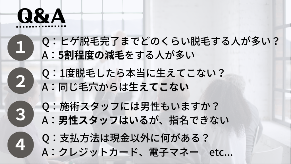 Q＆A
Q：ヒゲ脱毛完了までどのくらい脱毛する人が多い？
A：5割程度の減毛をする人が多い
Q：1度脱毛したら本当に生えてこない？
A：同じ毛穴からは生えてこない
Q：施術スタッフには男性もいますか？
A：男性スタッフはいるが、指名できない
Q：支払方法は現金以外に何がある？
A：クレジットカード、電子マネー　etc...