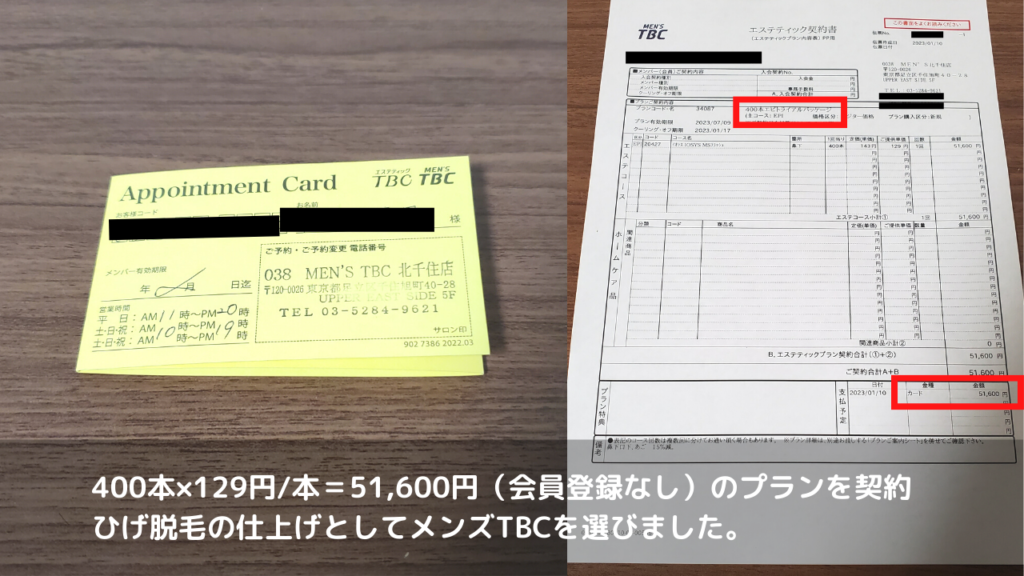 400本×129円/本＝51,600円（会員登録なし）のプランを契約
ひげ脱毛の仕上げとしてメンズTBCを選びました。