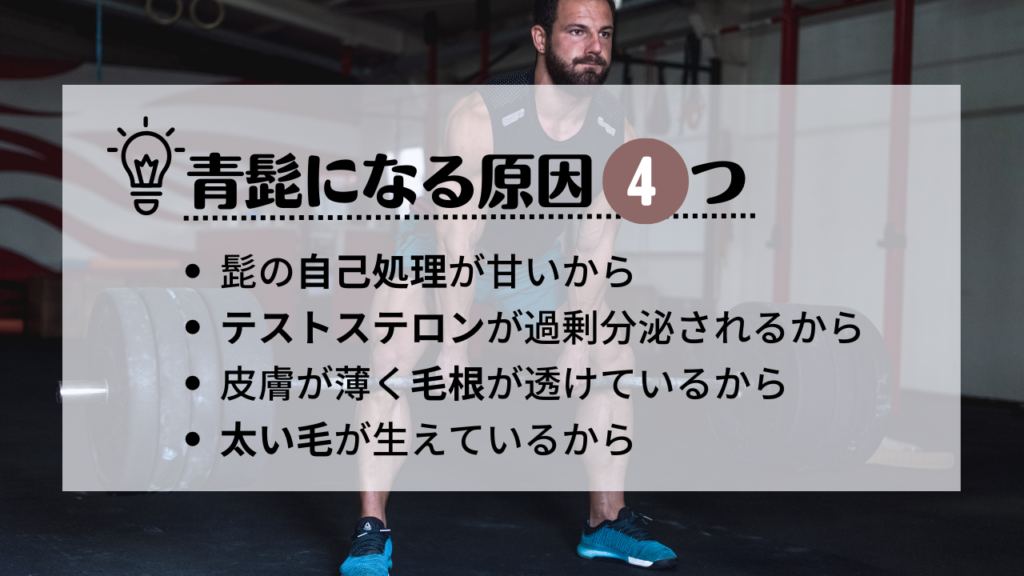 青髭になる原因4つ
・髭の自己処理が甘いから
・テストステロンが過剰分泌されるから
・皮膚が薄く毛根が透けているから
・太い毛が生えているから