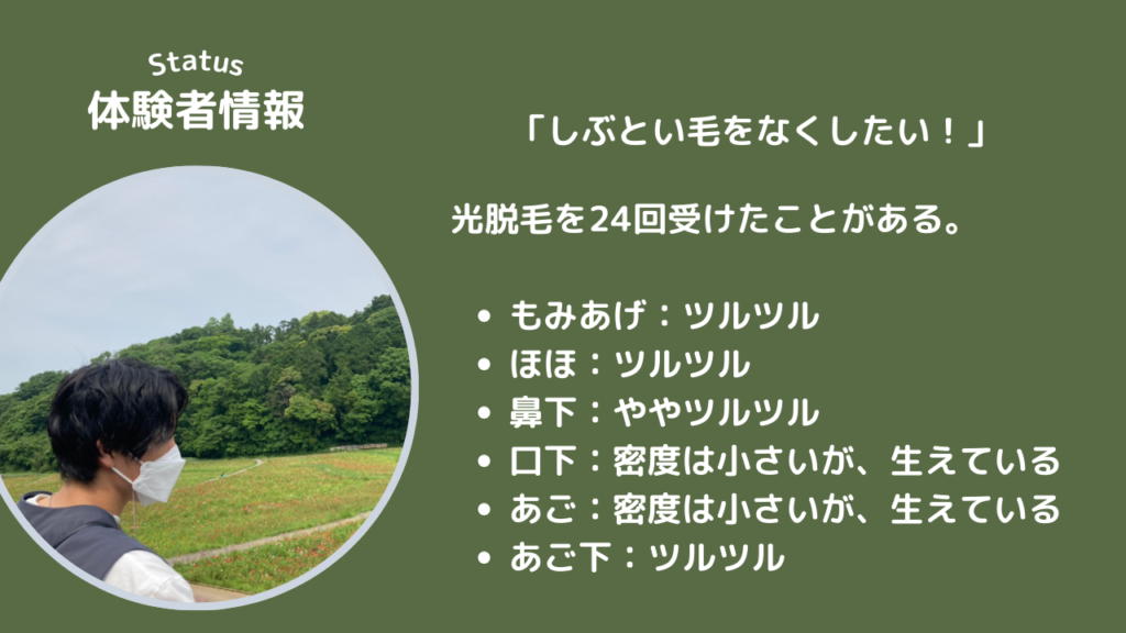 体験者情報
「しぶとい毛をなくしたい！」
光脱毛を24回受けたことがある。
・もみあげ：ツルツル
・ほほ：ツルツル
・鼻下：ややツルツル
・口下：密度は小さいが、生えている
・あご：密度は小さいが、生えている
・あご下：ツルツル