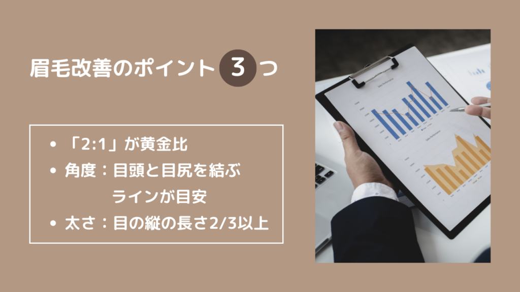 眉毛改善のポイント3つ
・「2:1」が黄金比
・角度：目頭と目尻を結ぶラインが目安
・太さ：目の縦の長さ2/3以上