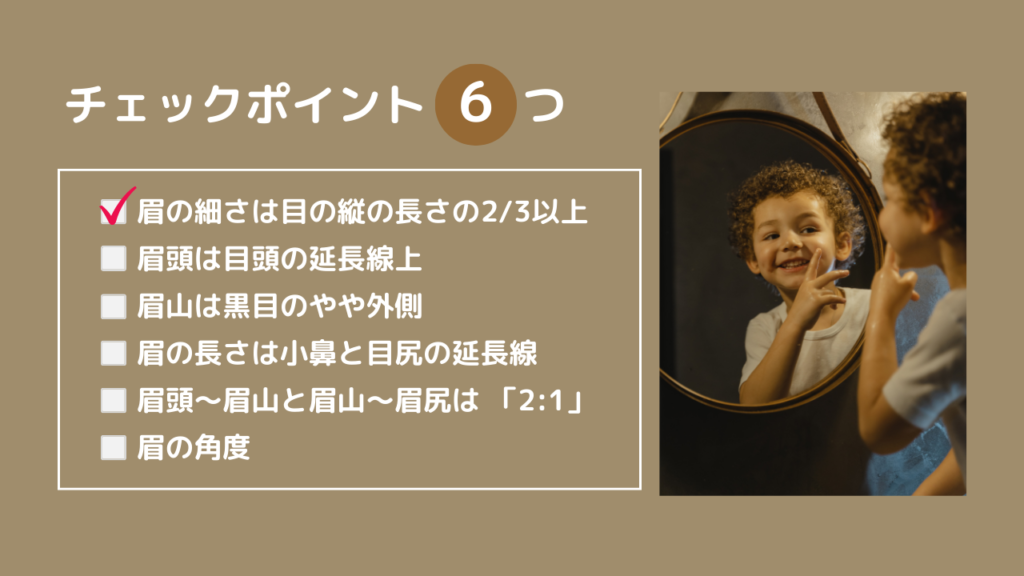 チェックポイント6つ
・眉の細さは目の縦の長さの2/3以上
・眉頭は目頭の延長線上
・眉山は黒目のやや外側
・眉の長さは小鼻と目尻の延長線
・眉頭〜眉山と眉山〜眉尻は 「2:1」
・眉の角度