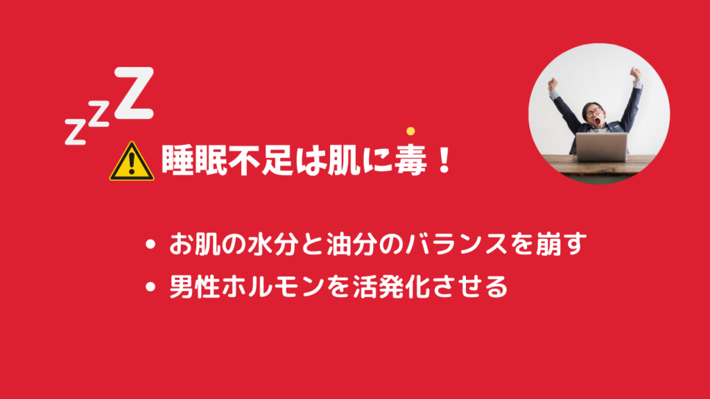 睡眠不足は肌に毒！
・お肌の水分と油分のバランスを崩す
・男性ホルモンを活発化させる
