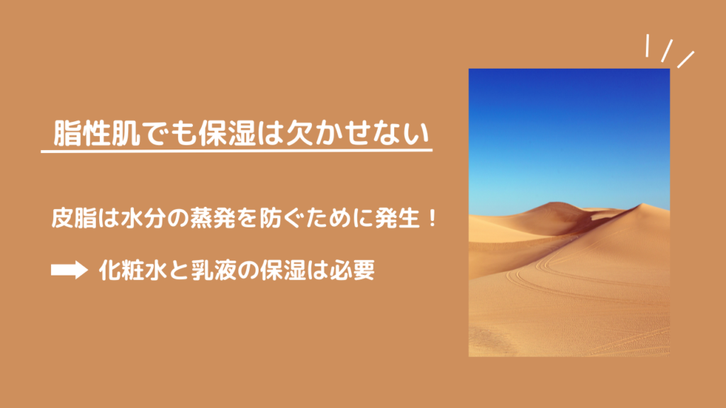 脂性肌でも保湿は欠かせない
皮脂は水分の蒸発を防ぐために発生！
→化粧水と乳液の保湿は必要