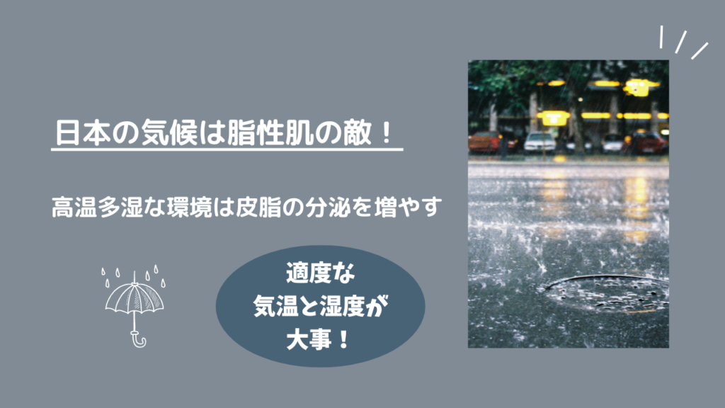 日本の気候は脂性肌の敵！
高温多湿な環境は皮脂の分泌を増やす
適度な気温と湿度が大事！