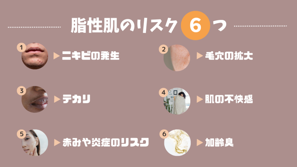 脂性肌のリスク6つ
１．ニキビの発生
２．毛穴の拡大
３．テカリ
４．肌の不快感
５．赤みや炎症のリスク
６．加齢臭