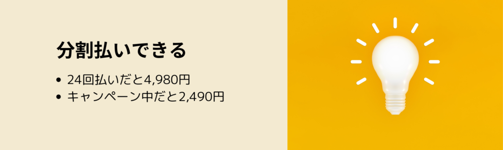 分割払いできる
・24回払いだと4,980円
・キャンペーン中だと2,490円
