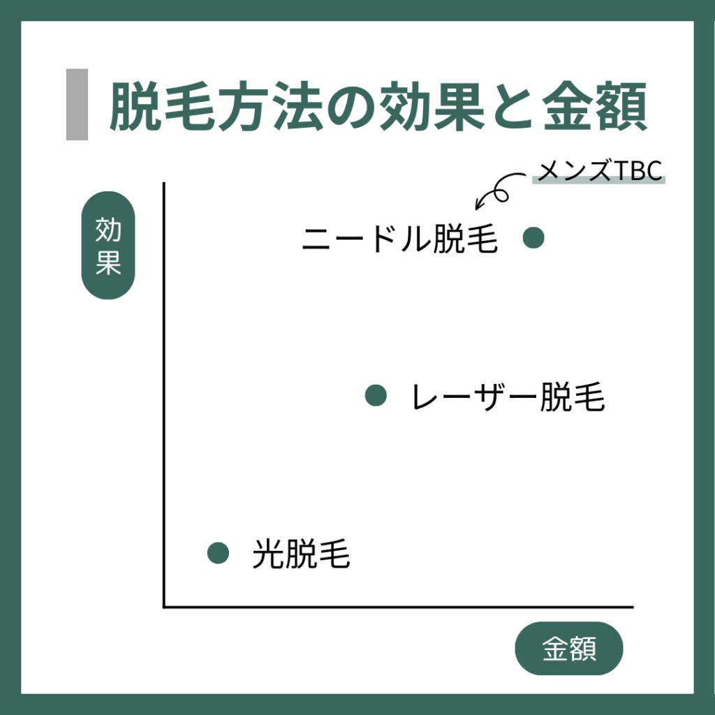 脱毛方法の効果と金額
・ニードル脱毛
・レーザー脱毛
・光脱毛