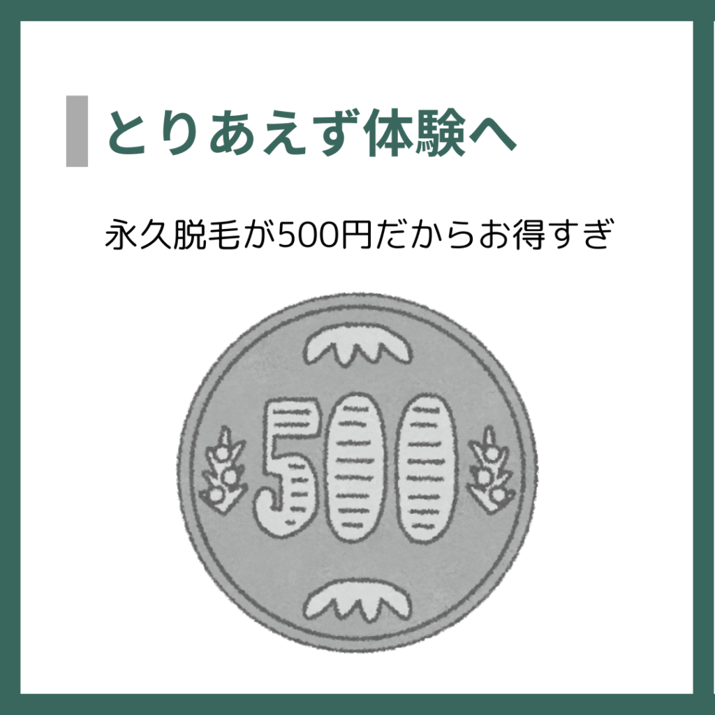 とりあえず体験へ
永久脱毛が500円だからお得すぎ