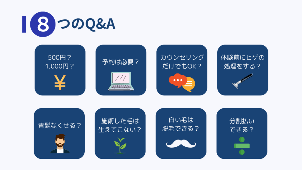 8つのQ&A
・500円？1,000円？
・予約は必要？
・カウンセリングだけでもOK？
・体験前にヒゲの処理をする？
・青髭なくせる？
・施術した毛は生えてこない？
・白い毛は脱毛できる？
・分割払いできる？