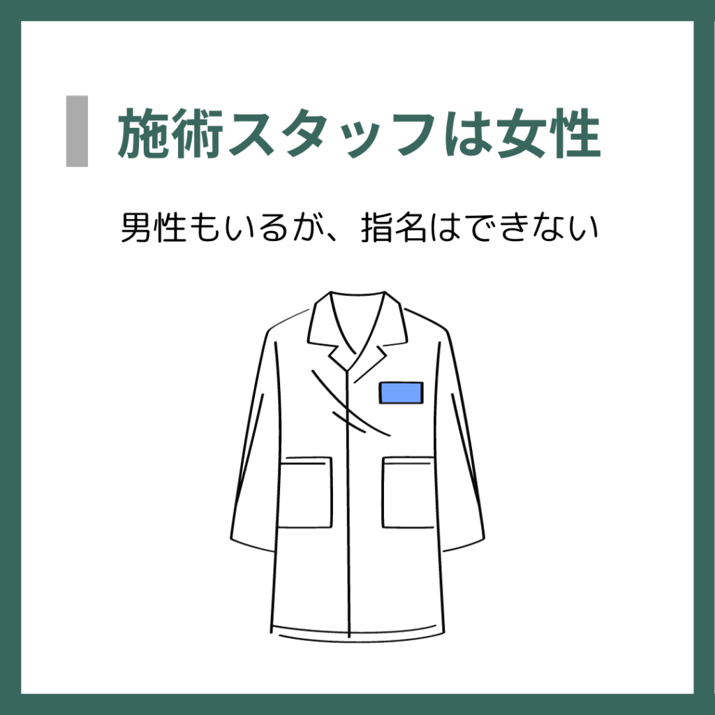 施術スタッフは女性
男性もいるが、指名はできない