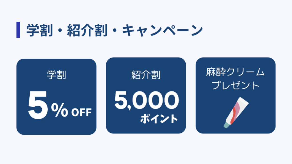 学割・紹介割・キャンペーン
・学割5％OFF
・紹介割5,000ポイント
・麻酔クリームプレゼント