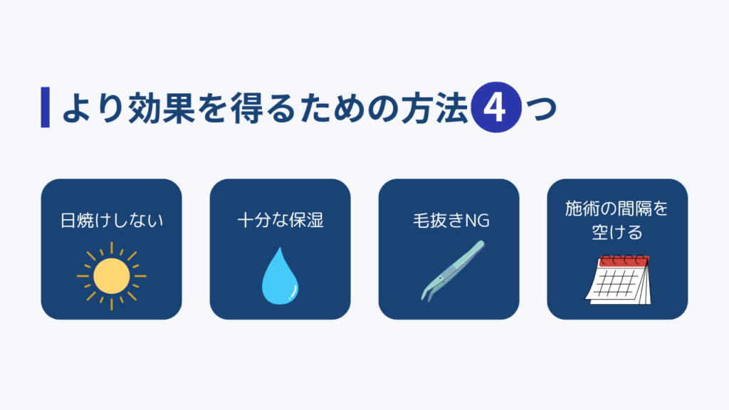 より効果を得るための方法4つ
・日焼けしない
・十分な保湿
・毛抜きNG
・施術の間隔を空ける