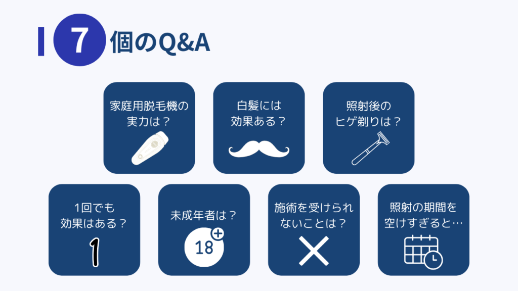 7つのQ&A
・家庭用脱毛機の実力は？
・白髪には効果ある？
・照射後のヒゲ剃りは？
・1回でも効果はある？
・未成年者は？
・施術を受けられないことは？
・施術の期間を空けすぎると…