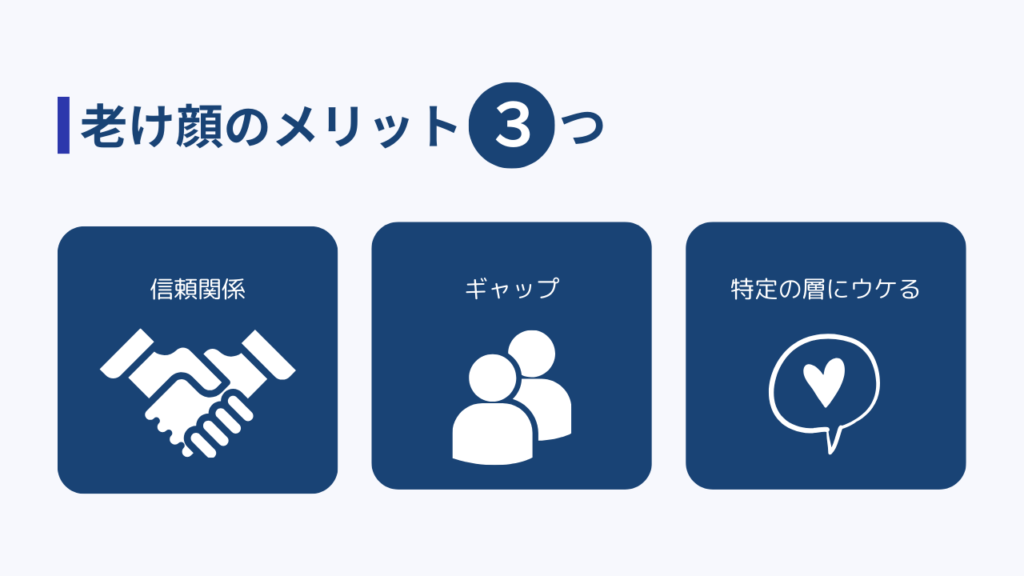 老け顔のメリット3つ
・信頼関係
・ギャップ
・特定の層にウケる